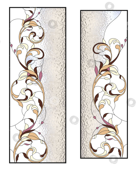 Скачать Цветочный витраж в прямоугольной раме, классический стиль, для стены в ванной комнате в коричневых тонах, векторные иллюстрации фотосток Ozero