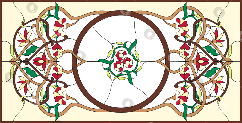 Скачать Витраж на потолке с абстрактными завитками и листьями, горизонтальной ориентации. Квадратный орнамент, яркая цветочная симметричная композиция. Векторные иллюстрации. фотосток Ozero