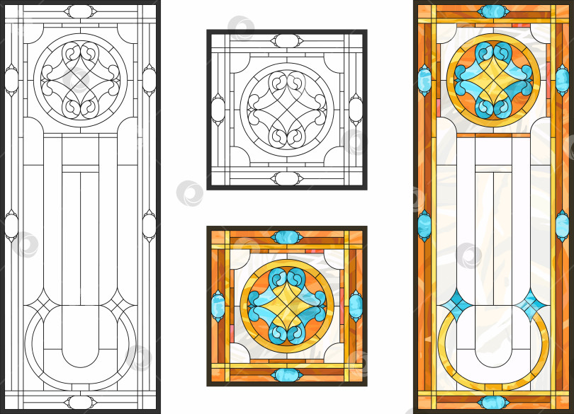 Скачать Абстрактные стеклянные панели с геометрическим цветочным узором в прямоугольной и квадратной раме. Классический стиль для потолочных или дверных панелей, техника Тиффани. Подробный набор векторов. фотосток Ozero