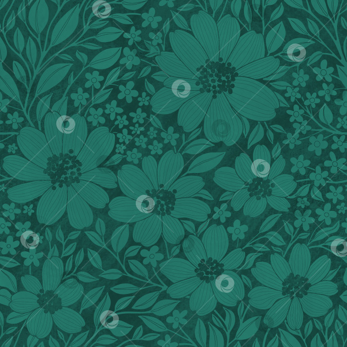 Скачать Цветочный бесшовный узор из сосново-зеленых цветов и листьев на темном фоне с текстурой фотосток Ozero