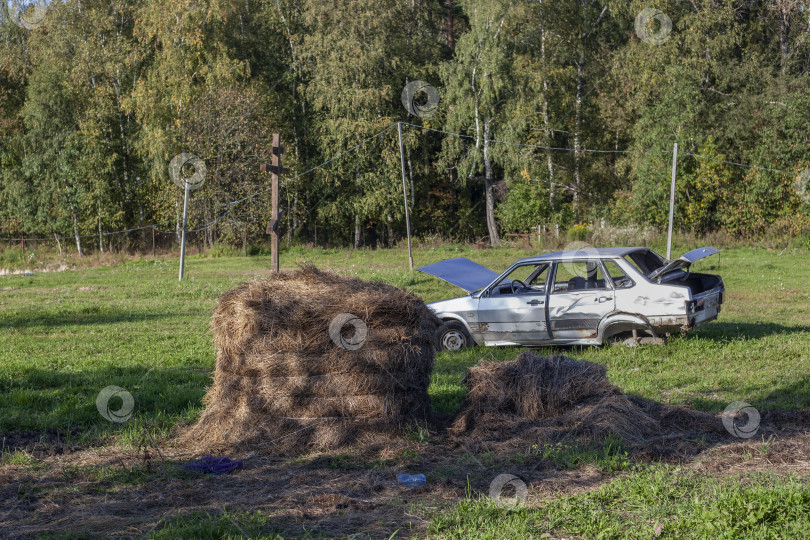 Скачать Брошенный автомобиль на ферме. Автомобиль в деревне. Старый транспорт в сельской местности. фотосток Ozero