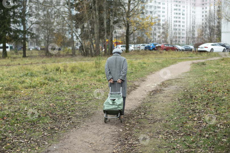 Скачать Пожилая женщина на улице. Пенсионерка идет с тележкой за вещами. Женщина идет по дороге. фотосток Ozero