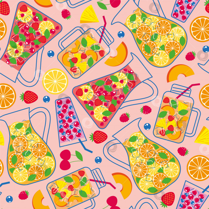 Скачать Бесшовный узор с летними лимонадами, садовыми фруктами и цитрусовыми. Освежающий напиток, сок, десерт. Векторная иллюстрация, плоская, фон, текстура, обои, принт для текстиля, ткань фотосток Ozero
