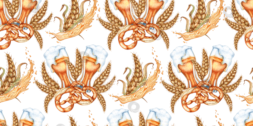 Скачать Два бокала с пивным кренделем и рисунком в виде колосьев пшеницы, выполненным акварелью фотосток Ozero
