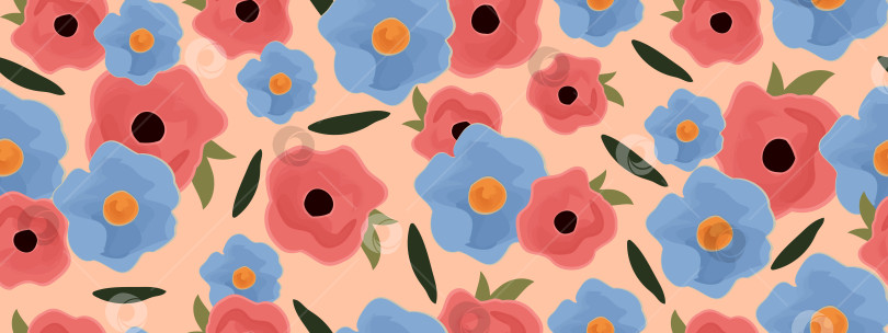 Скачать Цветочный нежный бесшовный узор с акварельными цветами на персиковом фоне. фотосток Ozero