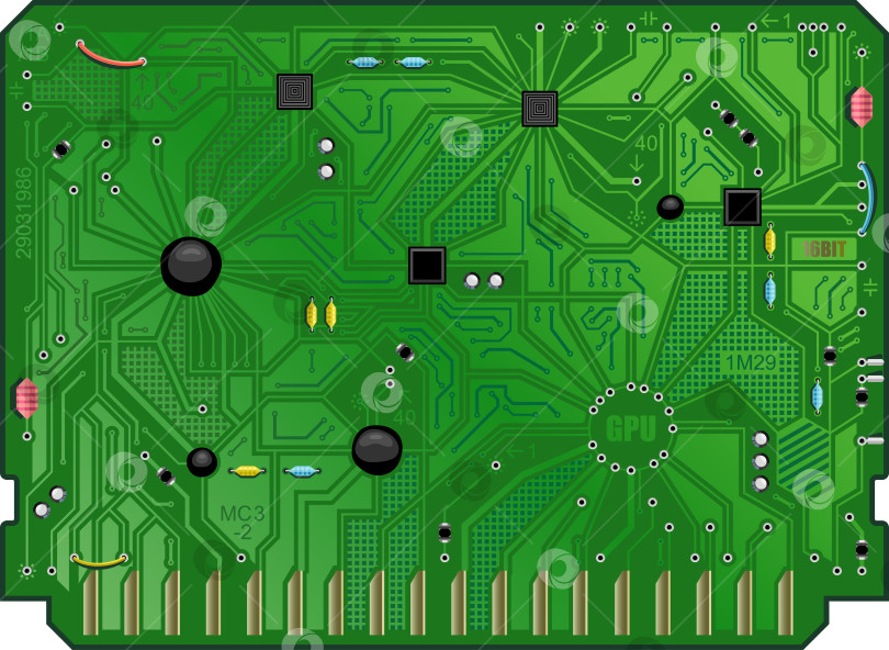 Скачать Печатная плата вычислительного модуля. Зеленая графическая видеокарта. Печатная плата компьютера с микросхемой. Электронный фон. Вектор фотосток Ozero