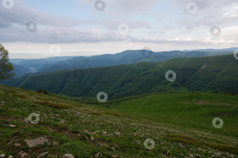 Скачать Великолепный вид на зеленые холмы и далекие горы фотосток Ozero