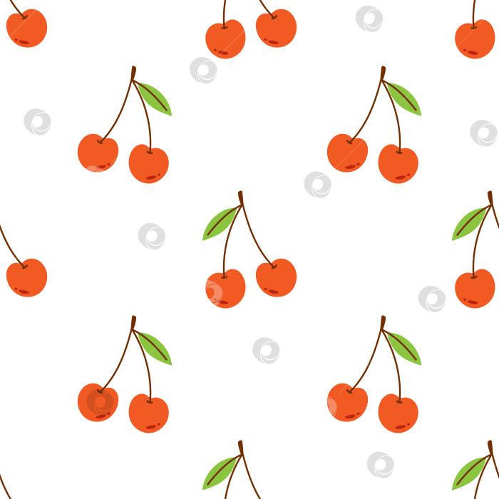 Скачать Векторный бесшовный узор с красными вишнями. Милые ягоды на белом фоне. Летний принт. Дизайн упаковки или ткани. Милый вишневый узор. фотосток Ozero