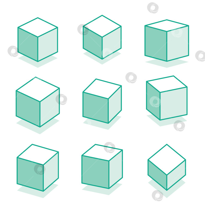 Скачать трехмерные кубы в разных изометрических проекциях. Выделите контуры объектов на белом фоне. фотосток Ozero