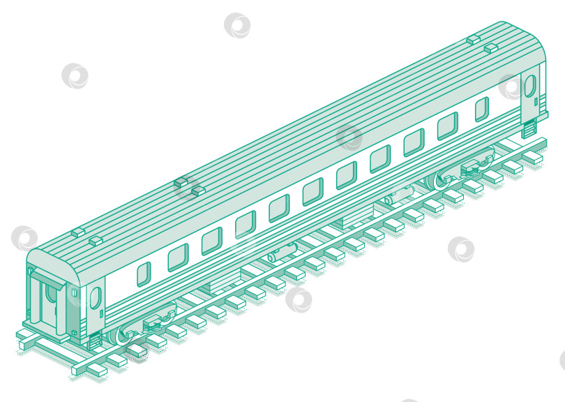 Скачать Изометрический пассажирский железнодорожный вагон. Контур пассажирского вагона. Объект, выделенный на белом фоне. Железнодорожный. Вагон на рельсах. фотосток Ozero