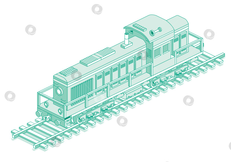 Скачать Изометрический двигатель поезда. Локомотив. Железнодорожный. Объект, выделенный на белом фоне. Промышленный транспорт. Грузовой дизельный локомотив на рельсах. Стрелочный локомотив. фотосток Ozero