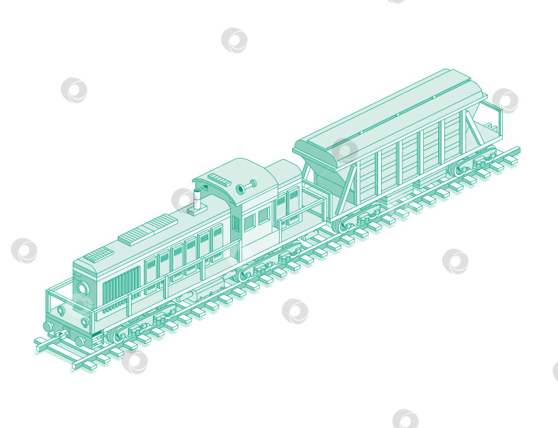 Скачать Изометрический локомотив с вагоном-хоппером. Железнодорожный. Объект, выделенный на белом фоне. Промышленный транспорт. Дизельный грузовой поезд на рельсах. фотосток Ozero