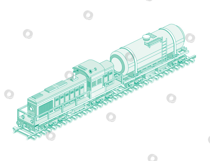 Скачать Изометрический локомотив с железнодорожной цистерной. Железнодорожный. Объект, выделенный на белом фоне. Промышленный транспорт. Двигатель дизельного грузового поезда на рельсах. Грузовой железнодорожный вагон. фотосток Ozero