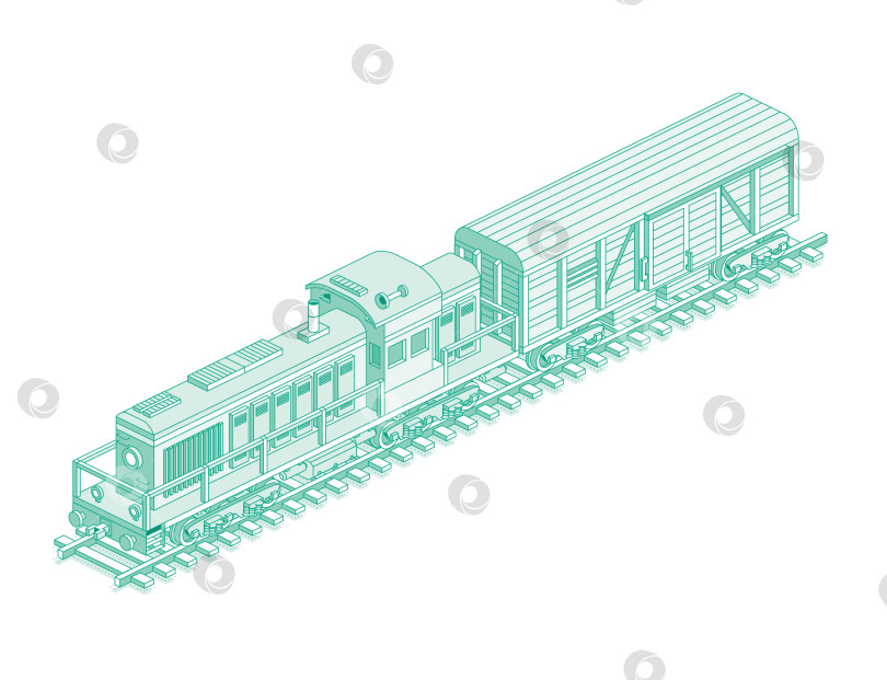 Скачать Изометрический локомотив с грузовым железнодорожным вагоном. Железнодорожный. Объект, выделенный на белом фоне. Промышленный транспорт. Дизельный грузовой поезд на рельсах. Товарный товарный вагон. фотосток Ozero