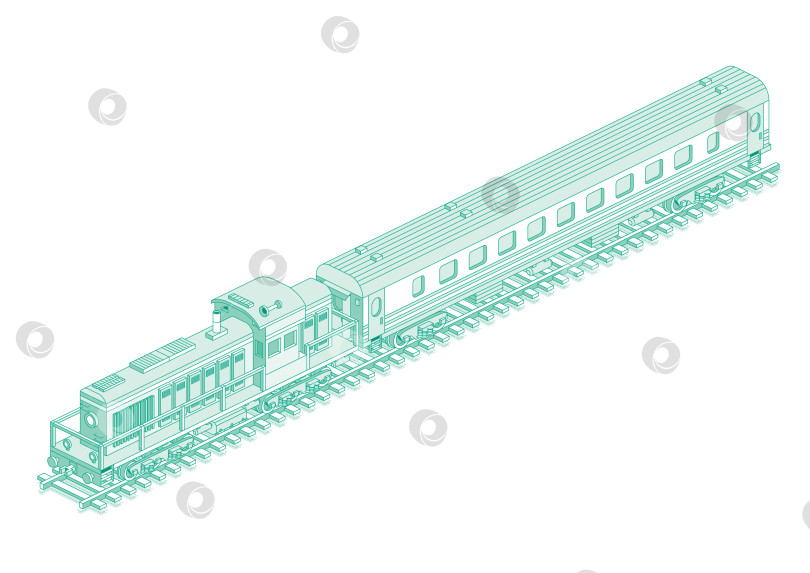 Скачать Изометрический локомотив с пассажирским вагоном. Железнодорожный. Объект, выделенный на белом фоне. Контур пассажирского вагона. Железнодорожный. Вагон на рельсах. фотосток Ozero