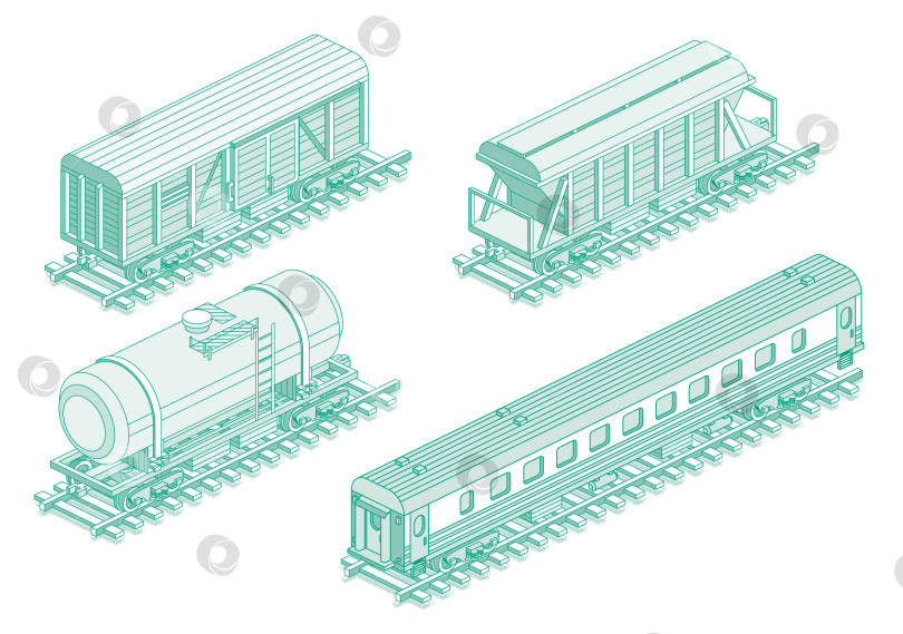 Скачать Изометрическая грузовая железная дорога, вагон-хоппер, железнодорожная цистерна и пассажирский железнодорожный вагон. Объект, выделенный на белом фоне. Железнодорожный. Вагон на рельсах. Промышленные перевозки. фотосток Ozero