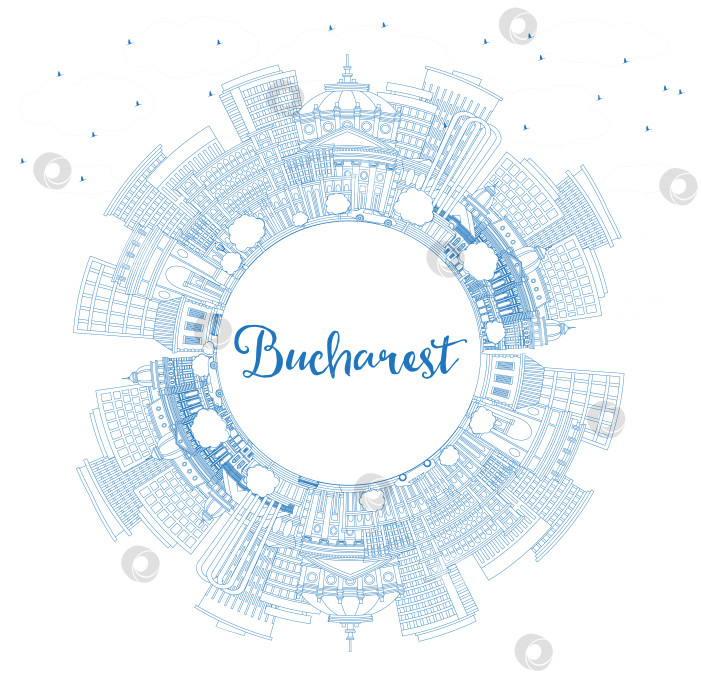 Скачать Нарисуйте Бухарест, Румыния, на фоне городских пейзажей с голубыми зданиями и скопируйте пространство. Городской пейзаж Бухареста с достопримечательностями. Концепция деловых поездок и туризма с исторической архитектурой. фотосток Ozero