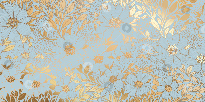 Скачать Контурные цветы и листья из фольги золотистого цвета с металлическим отливом на звездно-голубом фоне фотосток Ozero