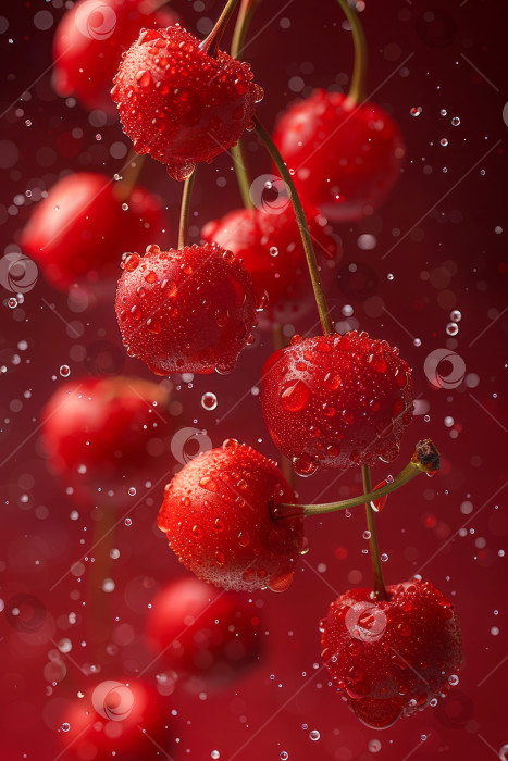 Скачать Свежая вишня с брызгами воды на красном фоне. Разлетающиеся фрукты - динамичное и освежающее изображение фруктов фотосток Ozero