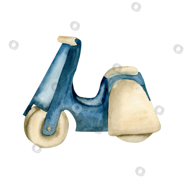 Скачать Детская деревянная игрушка, синий самокат, акварельная иллюстрация. Нарисованный от руки детский игровой инструмент, синий велосипед с колесами, винтажный автомобиль для плаката в комнату, приглашения, дизайн открыток, текстильный декор фотосток Ozero