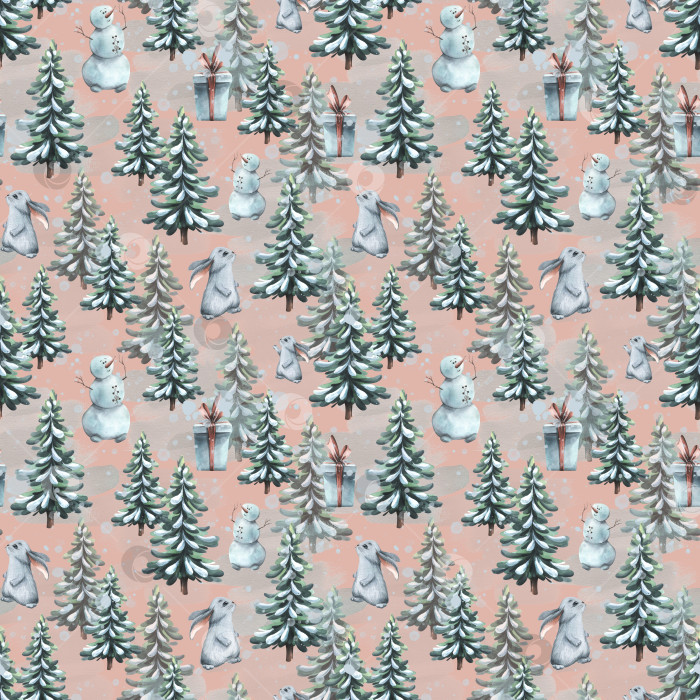 Скачать Зимний бесшовный узор на розовом фоне с рождественскими елками, зайцами, снеговиками, подарками. Акварельная иллюстрация из большого набора "УЮТНАЯ ЗИМА". Для текстиля, тканей, обоев, упаковочной бумаги. фотосток Ozero