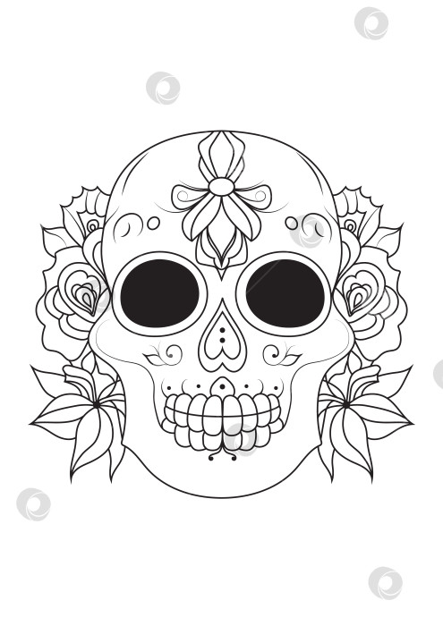 Скачать Сахарный череп, День мертвых. Контурный рисунок черепа, украшенного цветами. Мексиканский праздник. фотосток Ozero