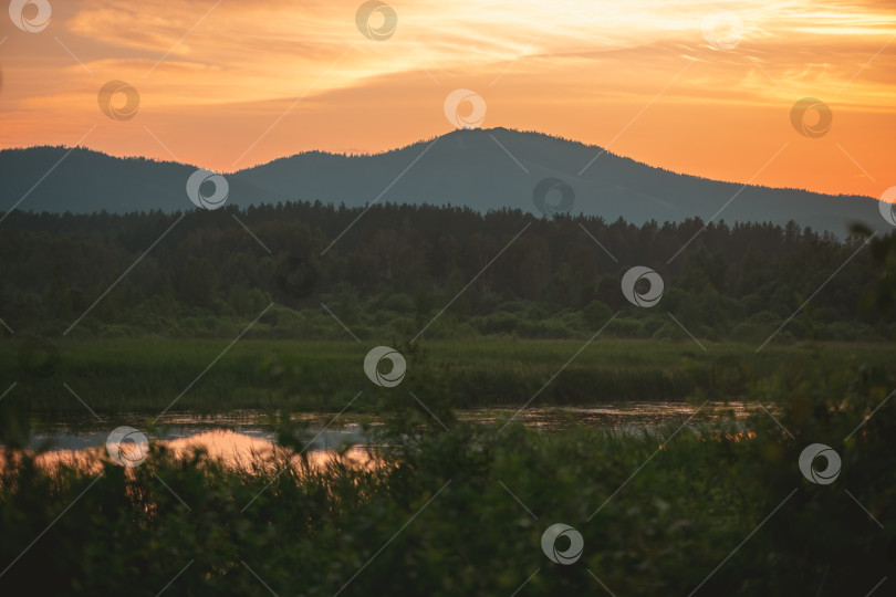 Скачать вечерний вид на горы, покрытые лесом, прекрасный закат фотосток Ozero