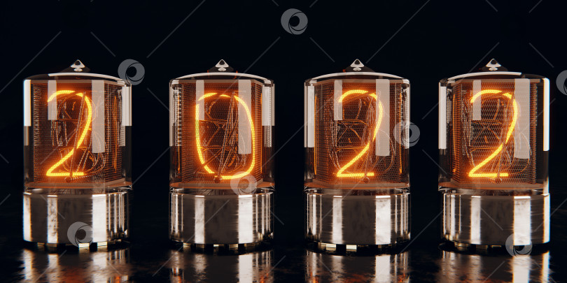 Скачать Разрядная лампа, индикатор номера. Число 2022, новый год, Рождество. Электроника, лампы светятся ярким желто-красным светом, корпус выполнен из хромированного металла. Изолировать, 3D-рендерер фотосток Ozero