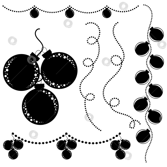 Скачать Набор плоских силуэтов черно-белых изолированных рождественских игрушек. Декоративные стеклянные шары. Гирлянды. фотосток Ozero
