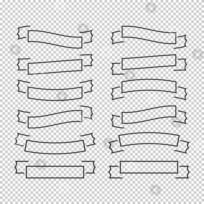 Скачать Набор плоских изолированных силуэтов лент и баннеров на прозрачном фоне. Простая плоская векторная иллюстрация. С черным контуром. Пустая внутри. Подходит для инфографики, дизайна. фотосток Ozero
