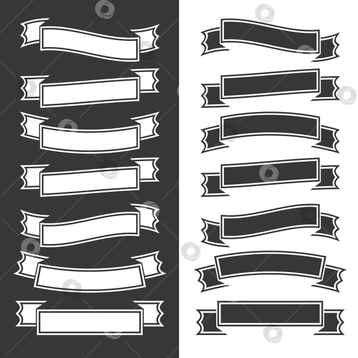Скачать Набор плоских изолированных черно-белых лент и баннеров на белом и черном фоне. Простая плоская векторная иллюстрация. С местом для текста. Подходит для инфографики, дизайна, рекламы, фестивалей. фотосток Ozero