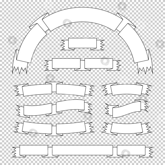 Скачать Набор плоских изолированных белых лент и баннеров на прозрачном фоне. Простая плоская векторная иллюстрация. С местом для текста. С черным контуром. Подходит для инфографики, дизайна, рекламы. фотосток Ozero