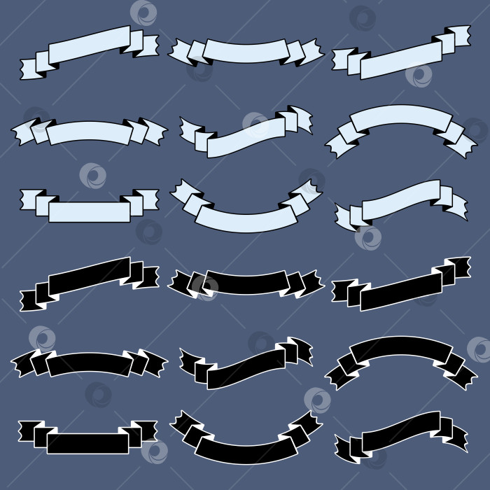 Скачать Набор плоских белых и черных изолированных силуэтов лент-баннеров на темно-синем фоне фотосток Ozero