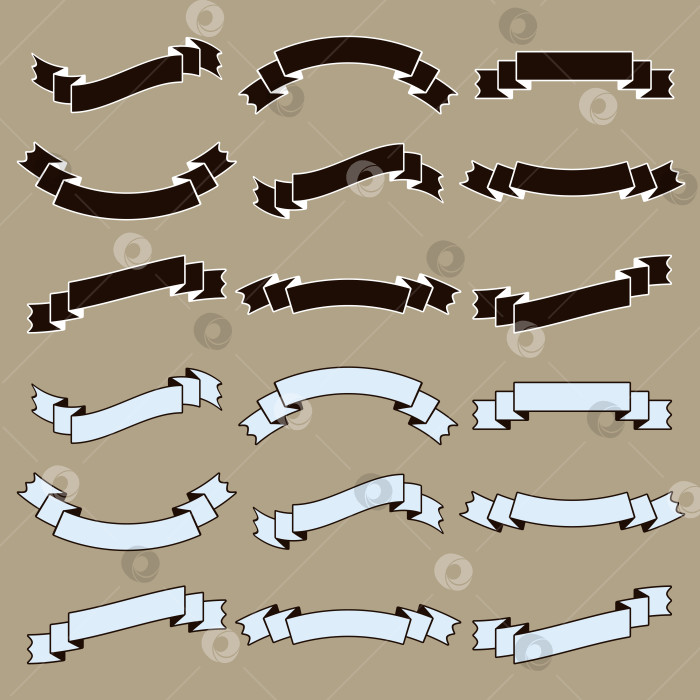 Скачать Набор плоских белых и черных изолированных силуэтов лент-баннеров на коричневом фоне фотосток Ozero