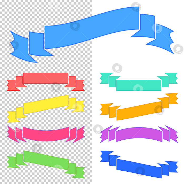 Скачать Набор плоских изолированных цветных лент и баннеров на прозрачном фоне. Простая плоская векторная иллюстрация. С местом для текста. Подходит для инфографики, дизайна, рекламы, фестивалей, этикеток. фотосток Ozero