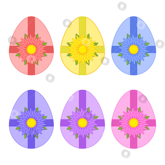 Скачать Набор цветных изолированных пасхальных яиц, перевязанных лентами, и цветок на белом фоне. Простая плоская векторная иллюстрация. Подходит для оформления открыток, рекламы, журналов, веб-сайтов. фотосток Ozero