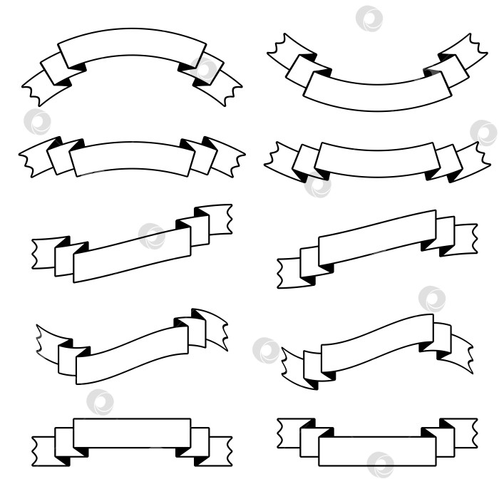 Скачать Набор изолированных плоских баннеров из белой ленты с черной обводкой. На белом фоне. Подходит для оформления фотосток Ozero