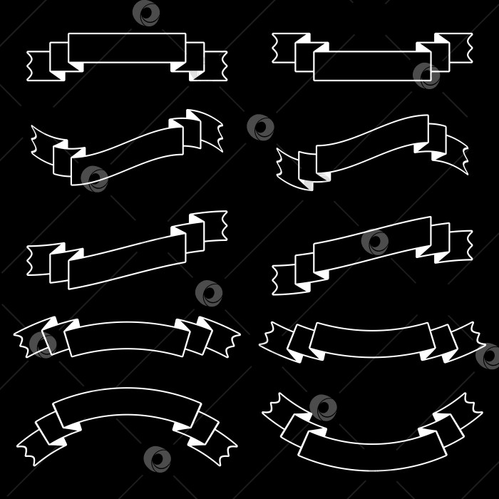 Скачать Набор изолированных плоских баннеров из черной ленты с белой обводкой. На черном фоне. Подходит для оформления фотосток Ozero