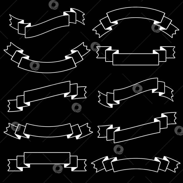 Скачать Набор изолированных плоских баннеров из черной ленты с белой обводкой. На черном фоне. Подходит для оформления фотосток Ozero