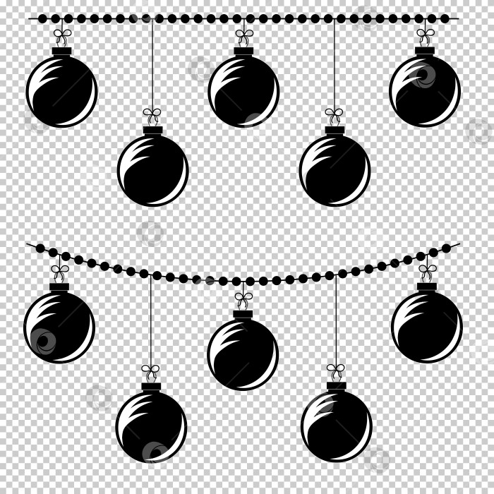 Скачать Плоская черная изолированная цепочка из кружочков, прикрепленных к ее рождественским украшениям. Набор из двух вариантов. Черный силуэт на прозрачном фоне. фотосток Ozero