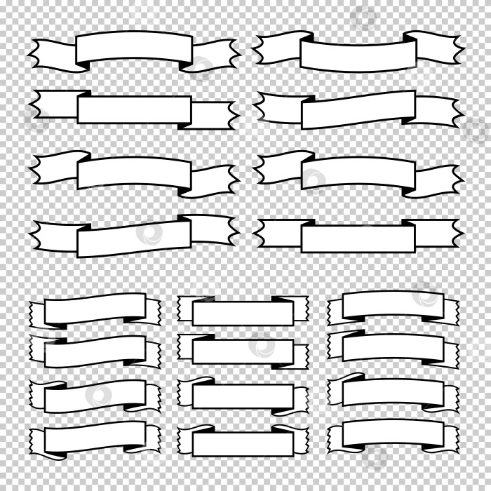 Скачать Набор плоских изолированных белых силуэтов лент баннеров с черным контуром на прозрачном фоне фотосток Ozero