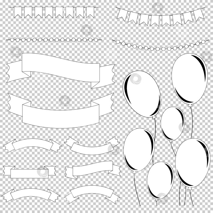 Скачать Набор плоских белых изолированных гирлянд, лент от баннеров и воздушных шаров на веревочках с черной обводкой на прозрачном фоне. Подходит для оформления. фотосток Ozero