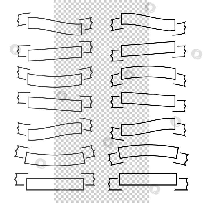 Скачать Набор плоских изолированных силуэтов лент и баннеров на прозрачном фоне. Простая плоская векторная иллюстрация. С черным контуром. Пустая внутри. Подходит для инфографики, дизайна. фотосток Ozero