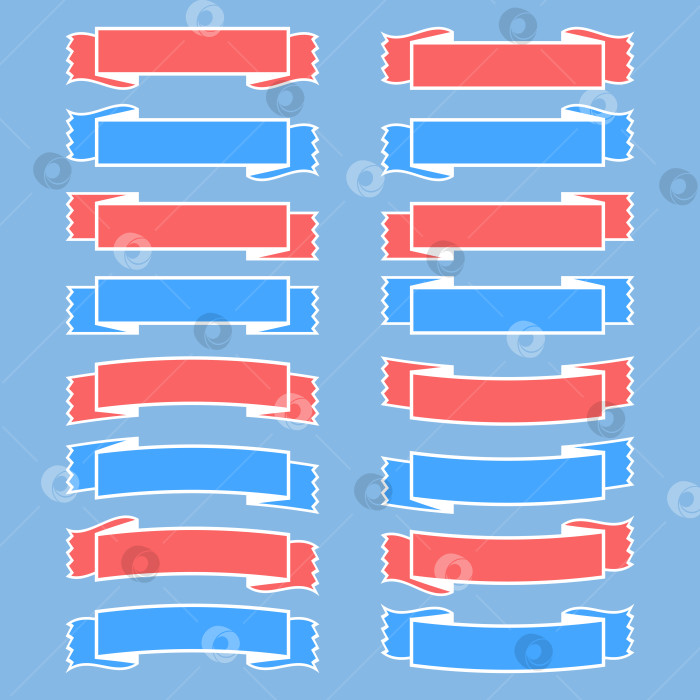 Скачать Набор красных и синих изолированных баннерных лент с белой обводкой на светло-голубом фоне. Простая плоская векторная иллюстрация. С пространством для текста. Подходит для инфографики, дизайна, рекламы, праздников, наклеек. фотосток Ozero