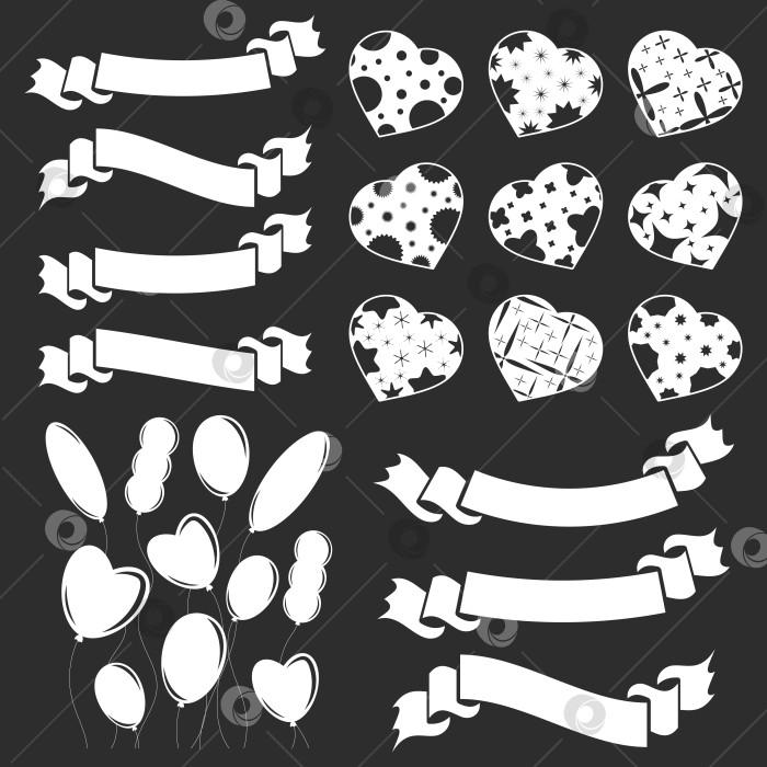 Скачать Набор белых изолированных сердечек, воздушных шаров, баннеров из лент на черном фоне. С абстрактным рисунком. Простая плоская векторная иллюстрация. Подходит для оформления открыток, свадеб, праздников, сайтов. фотосток Ozero