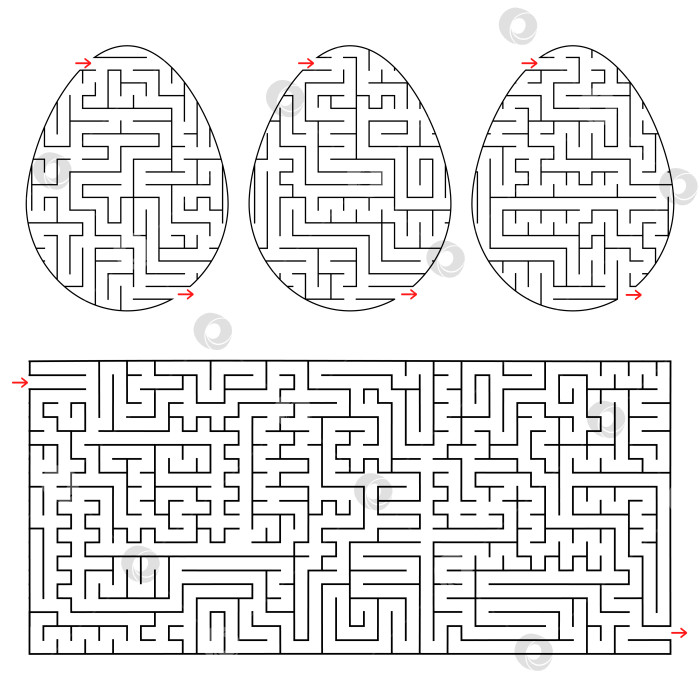 Скачать Абстрактный прямоугольный изолированный лабиринт трех видов в форме яйца. Черный цвет на белом фоне. Интересная и полезная игра для детей и взрослых. Простая плоская векторная иллюстрация. фотосток Ozero