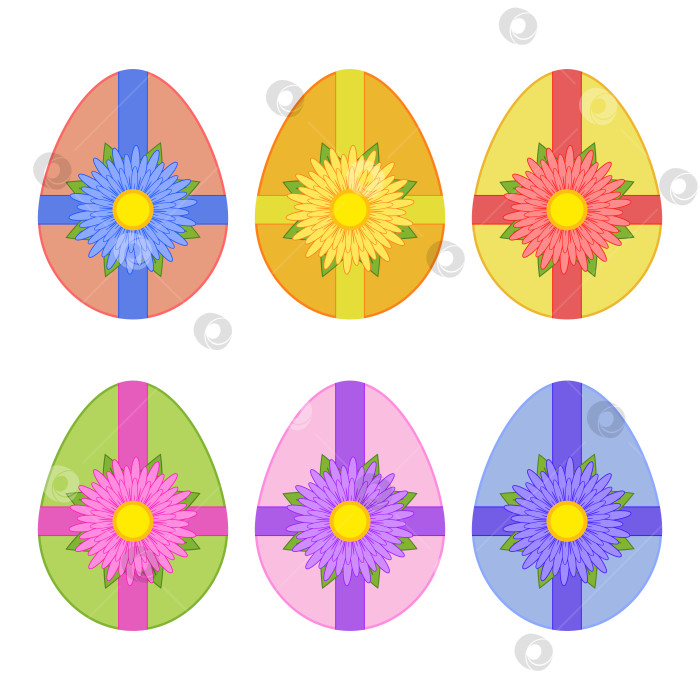 Скачать Набор симпатичных цветных изолированных пасхальных яиц, перевязанных лентой с цветком на белом фоне. Привлекательные цвета. Простая плоская векторная иллюстрация. Подходит для оформления открыток, рекламы фотосток Ozero