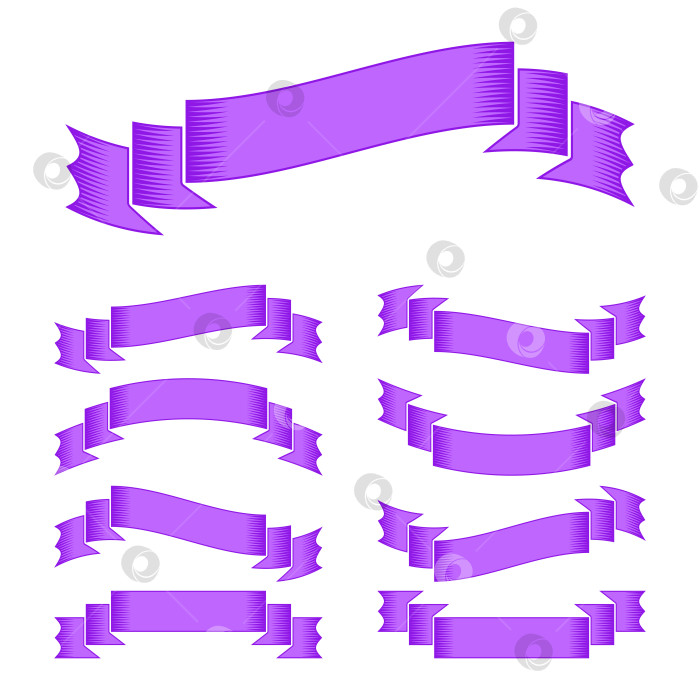 Скачать Набор фиолетовых изогнутых баннеров с изолированными лентами на белом фоне. Простая плоская векторная иллюстрация. С пространством для текста. Подходит для инфографики, дизайна, рекламы, праздников, наклеек. фотосток Ozero