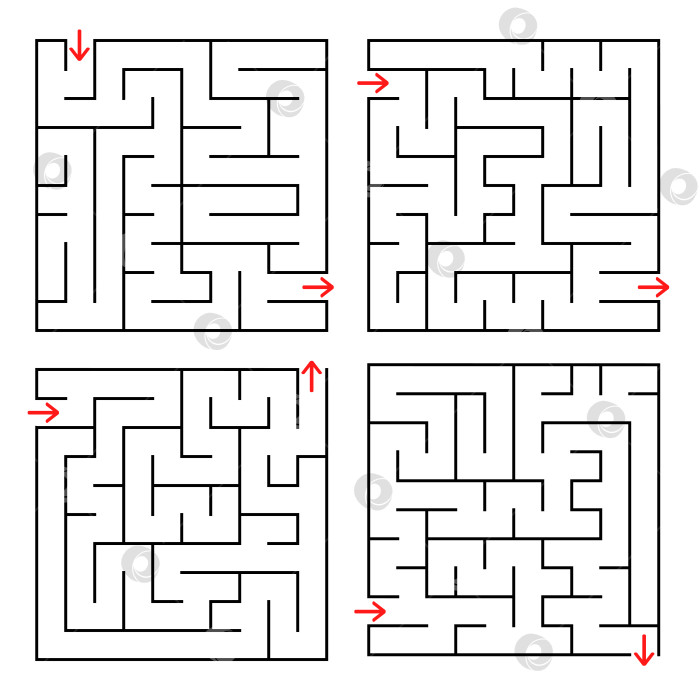 Скачать Абстрактный квадратный изолированный лабиринт. Черный цвет на белом фоне. Интересная и полезная игра для детей и взрослых. Простая плоская векторная иллюстрация. Четыре варианта. фотосток Ozero