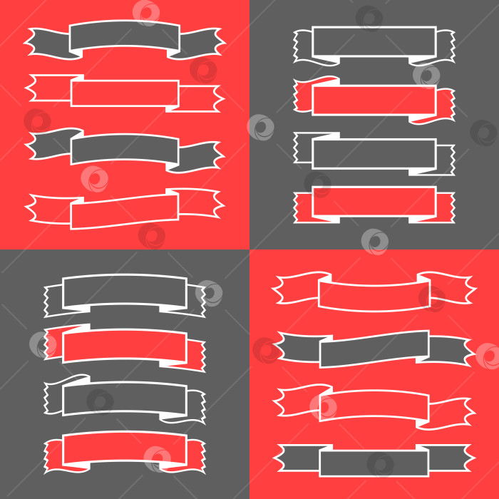 Скачать Набор цветных изолированных баннерных лент на черном и красном фоне. Простая плоская векторная иллюстрация. С пространством для текста. Подходит для инфографики, дизайна, рекламы, праздников, наклеек. фотосток Ozero